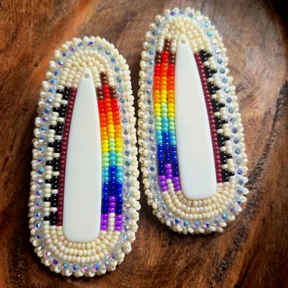 Jewelry - Handmade Navajo beaded pow wow earrings, rainbow & basket design